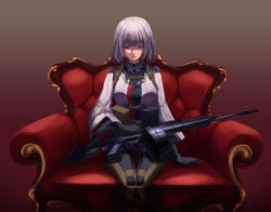 Rule 34 | 1girl, absurdres, add leir, ammunition pouch, armchair, black bodysuit, black gloves, bodysuit, breasts, chair, closed mouth, elbow gloves, feet out of frame, girls&#039; frontline, gloves, grey hair, gun, highres, holding, holding gun, holding weapon, light machine gun, lips, looking down, machine gun, medium breasts, pouch, purple eyes, rpk-16, rpk-16 (girls&#039; frontline), shaded face, shading eyes, short hair, simple background, sitting, solo, tactical clothes, weapon, wide sleeves