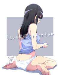 Rule 34 | 1girl, ass, barefoot, black hair, blue tank top, border, breasts, butt crack, closed mouth, clothes lift, commentary request, copyright name, from behind, hibike! euphonium, highres, kousaka reina, lifting own clothes, long hair, loungewear, nii manabu, panties, profile, purple eyes, shirt lift, signature, sitting, soles, solo, tank top, underwear, wariza, white border, white panties