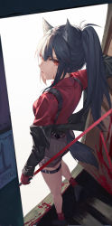 Rule 34 | absurdres, animal ears, arknights, black footwear, black hair, black jacket, black shorts, blood, blood on face, closed mouth, foreshortening, from behind, full body, gloves, highres, holding, holding sword, holding weapon, hongbaise raw, jacket, long hair, long sleeves, looking at viewer, looking back, off shoulder, official alternate costume, open clothes, open door, open jacket, ponytail, red eyes, red gloves, red shirt, shirt, shorts, sidelocks, simple background, standing, striped clothes, striped shorts, suspender shorts, suspenders, sword, tail, texas (arknights), texas (willpower) (arknights), v-shaped eyebrows, vertical-striped clothes, vertical-striped shorts, weapon, white background, wolf ears, wolf girl, wolf tail
