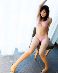 Rule 34 | 1girl, armpits, asian, bra, brown hair, chair, crotch, curtains, flat chest, high heels, japanese (nationality), lingerie, long hair, navel, panties, photo (medium), pink theme, shoes, sitting, skinny, solo, spread legs, thighhighs, thighs, underwear