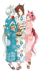 Rule 34 | 3girls, aqua kimono, barefoot, blue eyes, brown eyes, brown hair, full body, grey hair, haru urara (umamusume), japanese clothes, kimono, king halo (umamusume), long hair, long sleeves, multiple girls, ninjin nouka, obi, pink eyes, pink hair, pink kimono, sandals, sash, seiun sky (umamusume), short hair, simple background, umamusume, white background, white kimono, wide sleeves, zouri