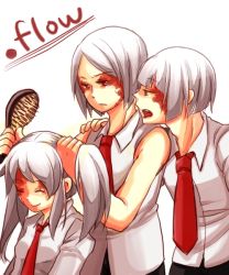 Rule 34 | .flow, 1girl, 2boys, artist request, brush, brushing another&#039;s hair, brushing hair, commentary request, copyright name, hand on another&#039;s shoulder, holding, kaibutsu, multiple boys, necktie, open mouth, school uniform, sidelocks, silver hair, simple background, smile, sweatdrop, tongue, tongue out, white background