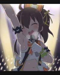 Rule 34 | 1girl, :d, ^ ^, ahoge, arm up, bare shoulders, black hair, blush, bow, bubukka, cat hair ornament, closed eyes, commentary request, crop top, hair between eyes, hair bow, hair ornament, head tilt, holding, holding microphone, hololive, hololive idol uniform, letterboxed, microphone, midriff, natsuiro matsuri, navel, open mouth, orange bow, shirt, side ponytail, sleeveless, sleeveless shirt, smile, solo, upper body, vest, virtual youtuber, white shirt, white vest
