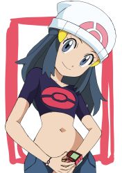 Rule 34 | 1girl, alternate costume, beanie, black hair, bracelet, closed mouth, collarbone, commentary request, creatures (company), cropped shirt, dawn (pokemon), eyelashes, game freak, grey eyes, hainchu, hair ornament, hairclip, hat, head tilt, highres, jewelry, long hair, looking at viewer, midriff, navel, nintendo, poke ball print, pokemon, pokemon (anime), pokemon dppt (anime), poketch, purple shirt, shirt, short sleeves, shorts, sidelocks, smile, solo, split mouth, watch, white background, white hat, wristwatch