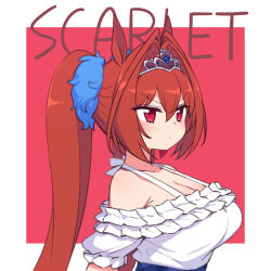 Rule 34 | 1girl, animal ears, antenna hair, blush, border, bra strap, breasts, brown hair, chan co, character name, cleavage, closed mouth, commentary request, daiwa scarlet (umamusume), frilled shirt, frills, from side, hair intakes, highres, horse ears, large breasts, long hair, off-shoulder shirt, off shoulder, outside border, pink background, red eyes, shirt, short sleeves, simple background, solo, tiara, twintails, umamusume, upper body, v-shaped eyebrows, very long hair, white border, white shirt