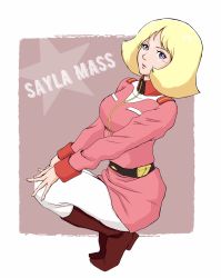 Rule 34 | 1girl, belt, blonde hair, boots, breasts, full body, gundam, highres, looking at viewer, miki (miki125dragon), military, military uniform, mobile suit gundam, open mouth, pantyhose, purple eyes, sayla mass, short hair, skirt, solo, uniform