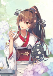 Rule 34 | 1girl, alcohol, blush, bottle, breasts, brown eyes, brown hair, chair, cherry blossoms, choko (cup), clenched hand, cup, day, flower, food, hair flower, hair ornament, hand fan, head tilt, highres, himeyamato, holding, holding fan, japanese clothes, kantai collection, kimono, large breasts, long hair, looking to the side, obi, open mouth, outdoors, paper fan, pink flower, ponytail, purple flower, sakazuki, sake, sake bottle, sash, sidelocks, sitting, smile, table, tokkuri, vegetation, very long hair, white flower, white kimono, wide sleeves, yamato (kancolle), yamato kai ni (kancolle)