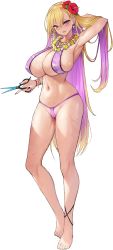 Rule 34 | 1girl, anklet, areola slip, arm behind head, armpits, bangs, barefoot, bikini, blonde hair, blue nails, boryeon (last origin), bracelet, breasts, cameltoe, cleavage, colored inner hair, covered erect nipples, ear piercing, earrings, flower, full body, game cg, gyaru, hair between eyes, hair flower, hair ornament, halterneck, hibiscus, highres, holding, holding scissors, huge breasts, jewelry, kirome (kamipaper), kogal, last origin, leaf print, lei, long hair, looking at viewer, micro bikini, mole, mole on breast, multicolored hair, multicolored nails, nail polish, navel, official alternate costume, official art, piercing, purple bikini, purple eyes, purple hair, purple nails, razor blade, red flower, red nails, scissors, simple background, skindentation, sling bikini top, smile, solo, standing, sweat, swimsuit, tachi-e, transparent background, very long hair, yellow nails