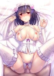 Rule 34 | 1boy, 1girl, black hair, blood, blush, bra, breasts, breasts apart, bridal veil, bride, closed mouth, commission, corset, crotchless, crotchless panties, cupless bra, defloration, dress, flower, frilled thighhighs, frills, garter straps, hair between eyes, hair flower, hair ornament, hetero, jewelry, kantai collection, large breasts, lying, missionary, navel, nipples, on back, panties, penis, pink flower, pussy, red eyes, ring, ryu-akt, sex, short hair, solo focus, thighhighs, underwear, underwear only, vaginal, veil, wedding band, wedding dress, white thighhighs, yamashiro (kancolle)