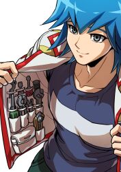Rule 34 | 1boy, absurdres, blue hair, blue shirt, bruno (yu-gi-oh!), clothes pull, collarbone, commentary request, grey eyes, highres, jacket, looking up, male focus, open clothes, open jacket, pants, shirt, short hair, simple background, smile, solo, tools, upper body, utility vest, white background, white jacket, youko-shima, yu-gi-oh!, yu-gi-oh! 5d&#039;s