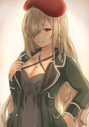 Rule 34 | 1girl, 98karano, absurdres, beret, black shirt, blonde hair, braid, breasts, camouflage, camouflage jacket, cleavage, closed mouth, g36c (girls&#039; frontline), girls&#039; frontline, hair between eyes, hair over eyes, halterneck, hat, highres, jacket, long hair, looking at viewer, medium breasts, red eyes, shirt, simple background, solo, uniform