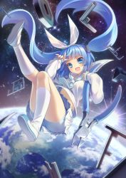 Rule 34 | 1girl, blue eyes, blue hair, earth (planet), highres, long hair, mascot, matching hair/eyes, model kit, nipako, open mouth, planet, pliers, riv (rivleaf), shirt, sky, smile, solo, source request, space, star (sky), starry sky, twintails, ultimate nipper