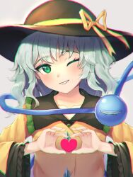 Rule 34 | 1girl, black hat, blouse, blush, bow, buttons, c i an, diamond button, eyeball, frilled shirt collar, frilled sleeves, frills, green eyes, grin, hat, hat bow, hat ribbon, heart, heart hands, heart of string, highres, koishi day, komeiji koishi, light green hair, long sleeves, looking at viewer, medium hair, one eye closed, ribbon, shirt, smile, solo, third eye, touhou, upper body, wavy hair, wide sleeves, yellow bow, yellow ribbon, yellow shirt