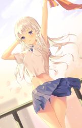 Rule 34 | 1girl, arm up, blue skirt, blurry, blurry background, blush, breasts, clothes lift, commentary request, crop top, floating hair, grey hair, hand in own hair, hand up, highres, hyonee, long hair, looking at viewer, medium breasts, midriff, navel, original, parted lips, pleated skirt, shirt, short shorts, shorts, skirt, skirt lift, stomach, white shirt, wind, wind lift