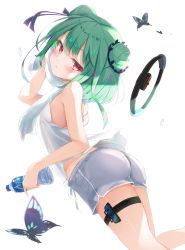 Rule 34 | 1girl, absurdres, alternate costume, ass, bare arms, bare shoulders, blush, bottle, bug, butterfly, controller, double bun, dutch angle, embarrassed, from side, game controller, green hair, hair bun, hair ornament, hair ribbon, head tilt, highres, holding, holding bottle, hololive, insect, joy-con, open mouth, red eyes, ribbon, ring-con, ring fit adventure, short hair, short hair with long locks, short shorts, shorts, sidelocks, simple background, skull hair ornament, solo, surprised, sweat, tank top, thigh strap, toshizou (0714), towel, uruha rushia, virtual youtuber, water bottle, white background, wiping sweat