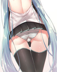 Rule 34 | 1girl, akira (been0328), ass, backless outfit, bad id, bad pixiv id, black skirt, black sleeves, black thighhighs, blue hair, commentary request, detached sleeves, dutch angle, from behind, hatsune miku, long hair, panties, pleated skirt, shirt, simple background, skirt, solo, striped clothes, striped panties, thighhighs, twintails, underwear, very long hair, vocaloid, white background, white shirt