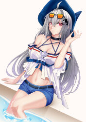 Rule 34 | 1girl, absurdres, ahoge, arknights, arm support, bare shoulders, belt, black belt, black choker, blue headwear, blue shorts, breasts, choker, cleavage, commentary, grey background, grey hair, hair between eyes, hand up, highres, jhini, large breasts, long hair, looking at viewer, navel, off-shoulder shirt, off shoulder, official alternate costume, orca hair ornament, pink eyes, shirt, short shorts, short sleeves, shorts, sitting, skadi (arknights), skadi (waverider) (arknights), soaking feet, solo, stomach, thighs, very long hair, water, white shirt