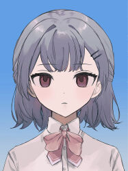 Rule 34 | 1girl, alternate hairstyle, aochiyo, blank stare, blue background, bow, bowtie, cevio, closed mouth, collared shirt, commentary, dress shirt, empty eyes, gradient background, grey hair, hair intakes, hair ornament, hairclip, half updo, highres, id photo, koharu rikka, light frown, looking at viewer, medium hair, pink bow, pink bowtie, portrait, purple eyes, shirt, simple background, solo, straight-on, synthesizer v, white shirt
