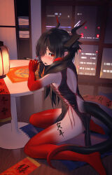 Rule 34 | 1girl, absurdres, bare shoulders, barefoot, black hair, black horns, black tail, blush, body writing, breasts, china dress, chinese clothes, closed mouth, colored skin, commentary request, dragon girl, dragon girl (mr-shin), dragon horns, dragon tail, dress, gradient horns, gradient skin, gradient tail, hair between eyes, hair over one eye, heart, heart-shaped pupils, highres, holding, holding paintbrush, horns, indoors, kneeling, lantern, long hair, looking at viewer, mr-shin, multicolored horns, multicolored skin, night, no bra, no panties, on floor, original, paintbrush, paper lantern, pelvic curtain, red eyes, red horns, red skin, sleeveless, sleeveless dress, small breasts, solo, symbol-shaped pupils, table, tail, translation request, very long hair, window, wooden floor