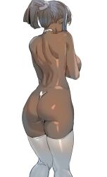 Rule 34 | 1girl, ass, bow (bhp), breasts, copyright request, dark-skinned female, dark skin, from behind, grey hair, large breasts, nude, ponytail, revision, short hair, sideboob, simple background, solo, standing, thighhighs, very dark skin, white background, white thighhighs