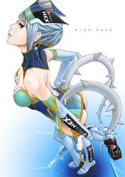 Rule 34 | 10s, 1girl, backless outfit, bare shoulders, blue eyes, blue hair, blue rose (tiger &amp; bunny), boots, breasts, choker, cleavage, earrings, elbow gloves, fingernails over gloves, from above, gloves, gun, hat, high heels, jewelry, karina lyle, lipstick, makeup, makio (es335), matching hair/eyes, medium breasts, pepsi, pepsi nex, perspective, product placement, shoes, short hair, solo, superhero costume, thigh boots, thighhighs, tiger &amp; bunny, weapon