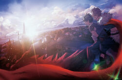 Rule 34 | 2boys, absurdres, alternate universe, atmospheric perspective, bakugou katsuki, belt pouch, black gloves, bloom, blurry, bokeh, boku no hero academia, boots, building, cape, chinese commentary, cloud, cloudy sky, commentary, depth of field, diffraction spikes, dragon riding, dutch angle, earrings, eyes visible through hair, fantasy, fisheye, floating cape, flying, freckles, fur-trimmed cape, fur trim, gloves, green hair, hand on another&#039;s shoulder, high collar, highres, house, jewelry, juanchun818, knee boots, knee pads, lens flare, light particles, magatama, magatama earrings, male focus, medieval, midoriya izuku, multiple boys, official alternate costume, open mouth, pants, perspective, pouch, profile, rainbow gradient, red cape, red footwear, shirt, sky, smile, spiked hair, straddling, teeth, tooth earrings, upper teeth only, white shirt, wide shot