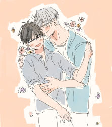 Rule 34 | 2boys, aqua hoodie, bad id, bad pixiv id, beige background, blue-framed eyewear, closed eyes, closed mouth, collarbone, collared shirt, colored eyelashes, dot nose, fingernails, floral background, flower, glasses, grey hair, grey shirt, hand on another&#039;s shoulder, hand on another&#039;s stomach, hand up, head kiss, height difference, hood, hood down, hoodie, husband and husband, ima (minitomato123), jewelry, katsuki yuuri, kiss, laughing, light blush, male focus, multiple boys, open mouth, orange flower, outline, over-rim eyewear, pants, partially unbuttoned, pastel colors, pink flower, polo shirt, purple flower, raised eyebrows, ring, semi-rimless eyewear, shirt, side-by-side, simple background, sleeves rolled up, smile, swept bangs, upper body, viktor nikiforov, wedding ring, white background, white pants, white shirt, yaoi, yellow flower, yuri!!! on ice