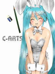 Rule 34 | 1girl, animal ears, aqua hair, bare shoulders, breasts, cleavage, embarrassed, eraser, closed eyes, fake animal ears, fishnet pantyhose, fishnets, hatsune miku, headset, long hair, maguta, maguta (c-arts), microphone, open mouth, pantyhose, pencil, playboy bunny, rabbit ears, solo, tombow mono, twintails, v arms, very long hair, vocaloid, wing collar, wooden pencil, wrist cuffs