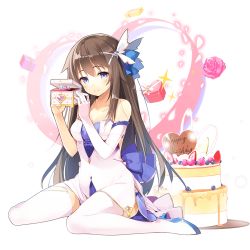 Rule 34 | 1girl, birthday cake, blue eyes, box, brown hair, cake, dress, elbow gloves, emma beauty, flower, food, full body, gem, gift, gloves, hair ornament, happy birthday, long hair, looking at viewer, official art, single glove, sitting, smile, solo, strapless, strapless dress, thighhighs, transparent background, uchi no hime-sama ga ichiban kawaii, wariza, white gloves, white thighhighs