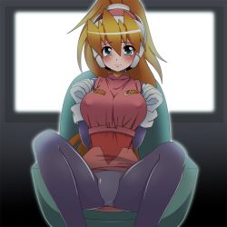 Rule 34 | 1girl, bad id, bad pixiv id, black pantyhose, blonde hair, blush, bodystocking, breasts, capcom, ciel (mega man), couch, covered erect nipples, gloves, green eyes, hair between eyes, headgear, high ponytail, huge breasts, inti creates, looking at viewer, mega man (series), mega man zero (series), panties, panties under pantyhose, pantyhose, ponytail, semikichi, sitting, skirt, solo, spread legs, underwear, white gloves