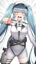 Rule 34 | 1girl, belt, black belt, black footwear, blue hair, blush, boots, breasts, commentary, cowboy shot, goddess of victory: nikke, gun, hair between eyes, hat, highres, holster, holstered, large breasts, long hair, long sleeves, looking at viewer, military, military hat, military uniform, open mouth, peaked cap, pointing, pointing at viewer, privaty (nikke), sidelocks, skindentation, solo, standing, teeth, thigh boots, thigh holster, twintails, uniform, upper teeth only, very long hair, wavy mouth, weapon, white background, white hat, yellow eyes, yuki7128