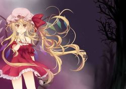 Rule 34 | 1girl, alternate costume, alternate eye color, blonde hair, blush, cowboy shot, crystal, dress, finger to mouth, flandre scarlet, hat, hat ribbon, jpeg artifacts, long hair, looking at viewer, mob cap, off shoulder, puffy short sleeves, puffy sleeves, red dress, ribbon, rimu (kingyo origin), short sleeves, side ponytail, sky, solo, star (sky), starry sky, stuffed animal, stuffed toy, teddy bear, touhou, tree shade, very long hair, wings, wrist cuffs, yellow eyes