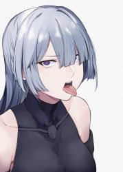 Rule 34 | 1girl, ak-15 (girls&#039; frontline), bare shoulders, breasts, collarbone, girls&#039; frontline, highres, long hair, looking at viewer, open mouth, purple eyes, saiun sigma, silver hair, skin tight, solo, tongue, tongue out, upper body