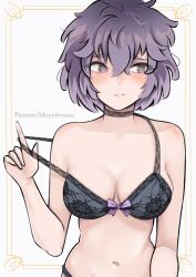 Rule 34 | 1girl, artist name, bernadetta von varley, black bra, black panties, blush, bra, breasts, cleavage, clothes pull, collarbone, commentary, fire emblem, fire emblem: three houses, grey eyes, highres, looking to the side, medium breasts, mourderousxart, navel, nintendo, off shoulder, open mouth, panties, purple hair, short hair, simple background, solo, underwear, underwear only, undressing, upper body