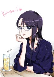 Rule 34 | 1girl, black hair, blue eyes, blue shirt, collarbone, cup, drinking glass, drinking straw, glasses, head rest, heart, heartcatch precure!, juice, long hair, looking at viewer, precure, romaji text, semi-rimless eyewear, shirt, sitting, smile, solo, table, tsukikage oyama, tsukikage yuri, under-rim eyewear, upper body, white background, wooden table