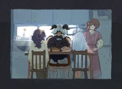 1boy 3girls asahina_mafuyu beard black_eyes black_hair blue_eyes bread cardigan chair commentary crossover cup drawer dress drinking_glass dungeon_meshi dwarf facial_hair fake_horns flying_sweatdrops food glaring hands_on_own_hips helmet highres horned_helmet horns indoors kitchen long_beard long_hair looking_at_another mochizuki_honami multiple_girls nnocturne pink_dress pointing ponytail project_sekai purple_hair scrunchie senshi_(dungeon_meshi) shirt side_ponytail sitting standing table very_long_beard window yellow_cardigan yellow_scrunchie yellow_shirt yoisaki_kanade