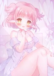 Rule 34 | 1girl, hanasakichu, heart, heart-shaped pupils, highres, open mouth, original, pink hair, pointy ears, see-through, short hair, symbol-shaped pupils, thighs, two side up, yellow eyes