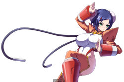 Rule 34 | 1girl, android, aq interactive, arcana heart, atlus, blue hair, breasts, bun cover, cable, chinese clothes, double bun, examu, fighting stance, green eyes, hair ornament, hairclip, huge breasts, large breasts, leotard, long hair, mei-fang, official art, short hair, shrug (clothing), solo, thighhighs, watermark