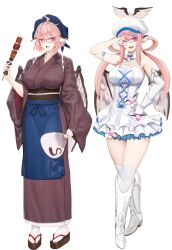 Rule 34 | 1girl, absurdres, animal ears, bird ears, bird wings, breasts, brown kimono, dress, fish (food), glasses, grilled eel, hand fan, highres, idol clothes, japanese clothes, kimono, large breasts, looking at viewer, mystia lorelei, open mouth, paper fan, pink hair, red-framed eyewear, smile, tk31, touhou, twintails, white dress, white footwear, white wings, winged hat, wings