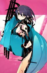Rule 34 | 1girl, android, bare shoulders, black hair, brown eyes, cape, etrian odyssey, from side, hair between eyes, highres, idkuroi, long hair, looking at viewer, mechanical parts, olympia (sekaiju), pink background, pointy ears, purple hair, robot, robot ears, sekaiju no meikyuu, sekaiju no meikyuu 3, solo, spine, standing, towel, very long hair
