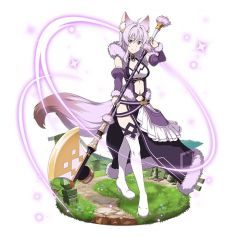 Rule 34 | 1girl, animal ears, axe, battle axe, boots, breasts, cleavage, detached sleeves, faux figurine, fox ears, fox tail, full body, hair between eyes, holding, holding weapon, long hair, looking at viewer, medium breasts, midriff, mole, mole on breast, navel, purple eyes, purple hair, simple background, smile, solo, standing, stomach, strea (sao), sword art online, tail, thigh boots, thighhighs, weapon, white background, white footwear, wrist cuffs