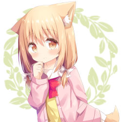 Rule 34 | 1girl, absurdres, animal ear fluff, animal ears, blush, bow, brown eyes, closed mouth, commentary request, hair bow, hair over shoulder, hand to own mouth, hand up, highres, jacket, light brown hair, long hair, looking at viewer, low twintails, miike-chan, nakkar, open clothes, open jacket, original, pink jacket, pleated skirt, red bow, sailor collar, shirt, simple background, skirt, smile, solo, tail, twintails, white background, white bow, white sailor collar, white skirt, yellow shirt
