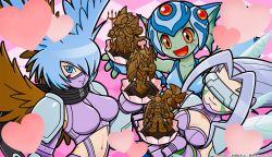 Rule 34 | 3girls, ancientirismon, ancientmermaimon, bandai, belt, bikini, blue bikini, blush stickers, breasts, butterfly wings, chocolate, covered eyes, digimon, digimon (creature), digimon frontier, fairimon, fairy, fairy wings, figure, fins, fish girl, frog girl, hair between eyes, hair intakes, happy valentine, head fins, head wings, helmet, insect wings, jetsilphymon, large breasts, long hair, monster girl, multiple girls, navel, official art, open mouth, pink background, purple belt, purple bikini, ranamon, red eyes, revealing clothes, shutumon, swimsuit, tongue, tongue out, valentine, wings