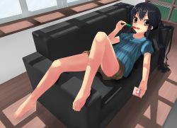 Rule 34 | 1girl, barefoot, black hair, brown eyes, casual, cellphone, couch, feet, food, indoors, k-on!, legs, long hair, lying, nakano azusa, on back, phone, popsicle, shorts, solo, touboku, twintails, window, window shadow
