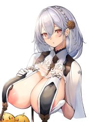 Rule 34 | 1girl, areola slip, artist request, azur lane, between breasts, bird, blush, braid, breast curtains, breast hold, breasts, clothes lift, flower, gloves, hair flower, hair ornament, highres, huge breasts, looking at viewer, nipples, open mouth, red eyes, rubbing, short hair, side braid, sideboob, sirius (azur lane), sirius (azure horizons) (azur lane), stick, upper body, white gloves, white hair, yusha m