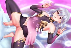 Rule 34 | 1girl, blush, breasts, censored, double v, fate/grand order, fate (series), ginhaha, kama (fate), looking at viewer, mosaic censoring, pelvic curtain, penis, pussy, red eyes, sex, short hair, silver hair, small breasts, spread legs, thighhighs, thighs, v