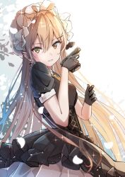 Rule 34 | ammo21204760, black dress, black gloves, blonde hair, breasts, commentary request, cross, cross earrings, dress, ear piercing, earrings, frilled dress, frilled hairband, frills, from side, girls&#039; frontline, gloves, gun, hairband, handgun, holding, holding gun, holding weapon, jewelry, long hair, looking at viewer, neck ribbon, piercing, ppk (girls&#039; frontline), puffy short sleeves, puffy sleeves, ribbon, short sleeves, small breasts, sparkle, upper body, very long hair, walther, walther ppk, weapon, yellow eyes, yellow ribbon