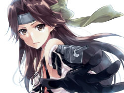 Rule 34 | 10s, 1girl, black gloves, brown eyes, brown hair, foreshortening, gloves, headband, jintsuu (kancolle), jintsuu kai ni (kancolle), kantai collection, long hair, looking at viewer, maruki (punchiki), outstretched arm, personification, solo, upper body