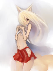 Rule 34 | 1girl, animal ears, bad id, bad pixiv id, blonde hair, breasts, fox ears, fox tail, hair over one eye, highres, johan (johan13), kitsune, long hair, looking at viewer, midriff, miniskirt, multiple tails, navel, original, pleated skirt, red eyes, sketch, skirt, small breasts, smile, solo, tail, underboob