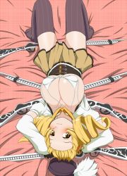 Rule 34 | 10s, 1girl, arms up, bed, bikini, bikini top only, black thighhighs, blonde hair, breasts, covered erect nipples, drill hair, forehead, gotoshi, gun, hat, large breasts, long hair, lying, mahou shoujo madoka magica, mahou shoujo madoka magica (anime), on back, on bed, pinstripe pattern, puffy nipples, rifle, skirt, solo, striped, swimsuit, thighhighs, thighs, tomoe mami, twin drills, twintails, weapon, white bikini, yellow eyes